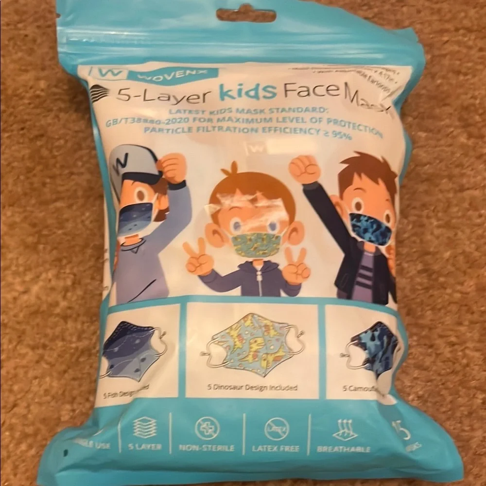 Kids 5-Layer Face Masks with Dinosaur Design